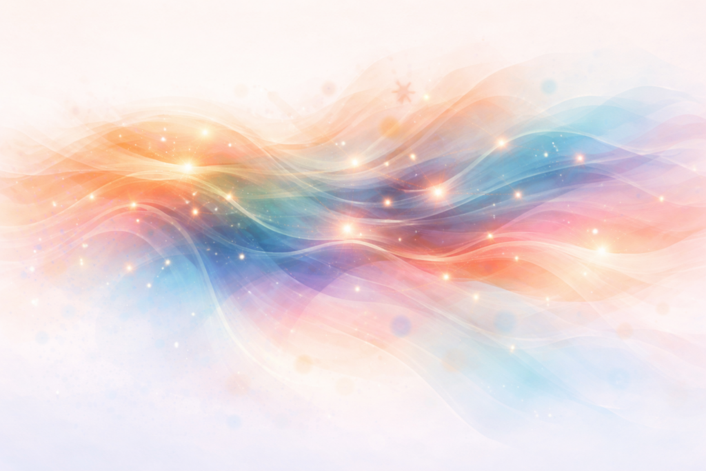 Abstrakt illustration med flydende orange, blå og rosa farver samt små lysende punkter på lys baggrund.